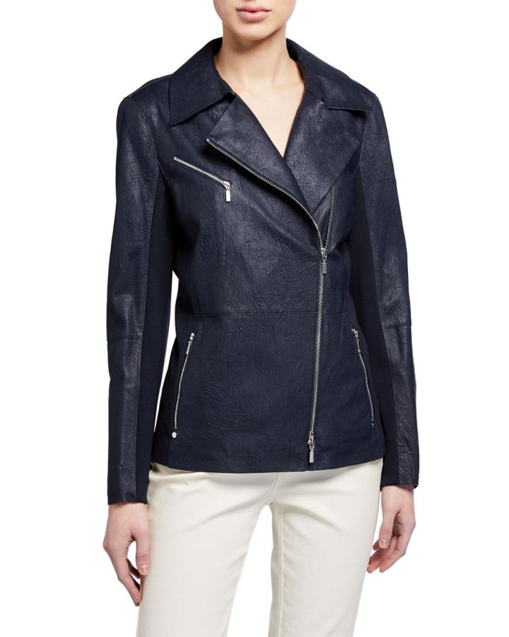 Elwood Zip-front Weathered Lambskin Leather Moto Jacket W/ Ponte Combo