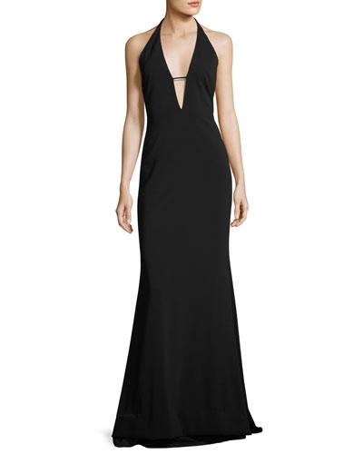 Stretch Crepe Halter Evening Gown, Black