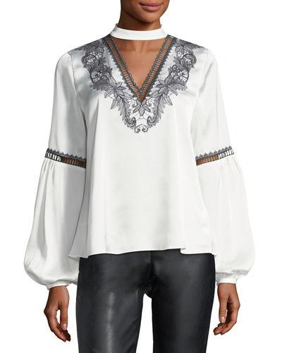 Embroidered Balloon-sleeve Blouse