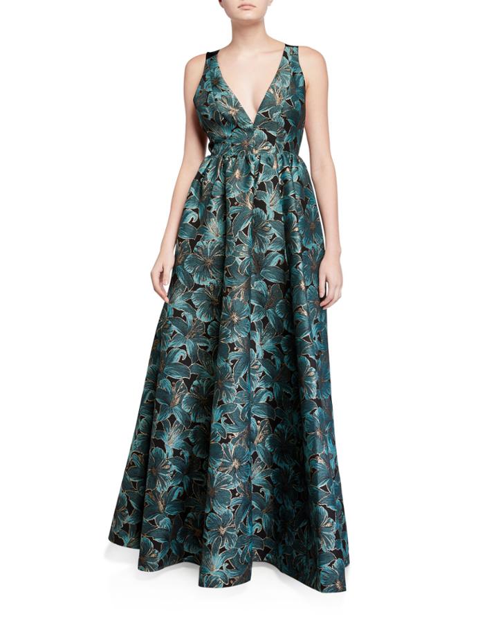 Floral Jacquard Sleeveless Gown With Bow Back Detail