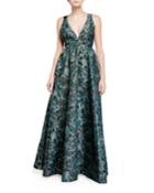 Floral Jacquard Sleeveless Gown With Bow Back Detail
