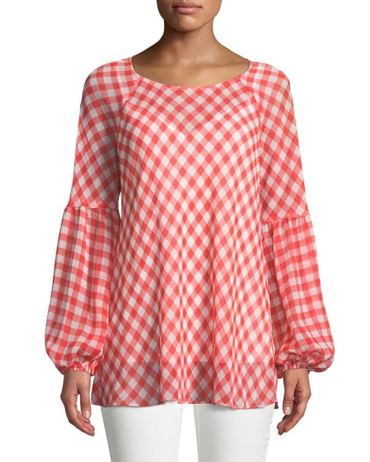 Gingham-chiffon Balloon-sleeve Blouse