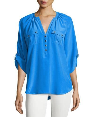 Silk 3/4-sleeve Blouse, Blue