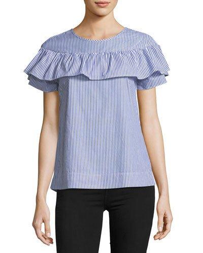Lisle Ruffled Short-sleeve Striped Poplin Top