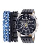 Men's 46mm Chronograph Watch & Bracelets Set, Blue/black