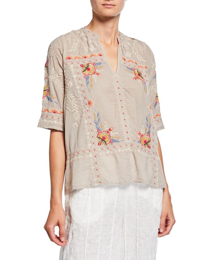 Uma Embroidered V-neck Elbow-sleeve Easy Voile Top