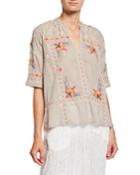 Uma Embroidered V-neck Elbow-sleeve Easy Voile Top