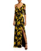 Malley Floral-print Cold Shoulder Asymmetric Ruffle Gown W/