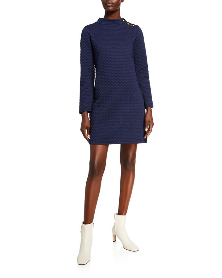 Long-sleeve Button-neck Dress