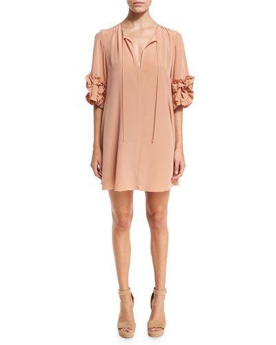 Ruffle-sleeve Silk Shift Dress, Beige
