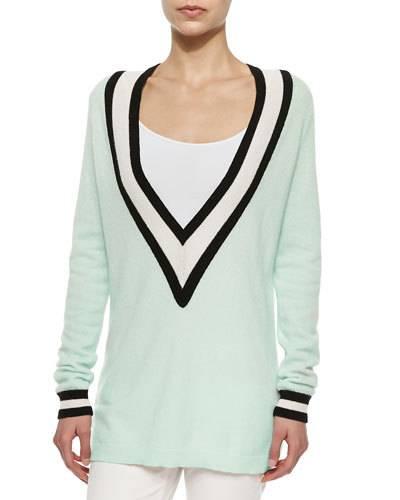 Striped Cashmere V-neck Varsity