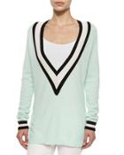 Striped Cashmere V-neck Varsity