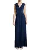 Sleeveless Ruched Tulle Gown, Navy