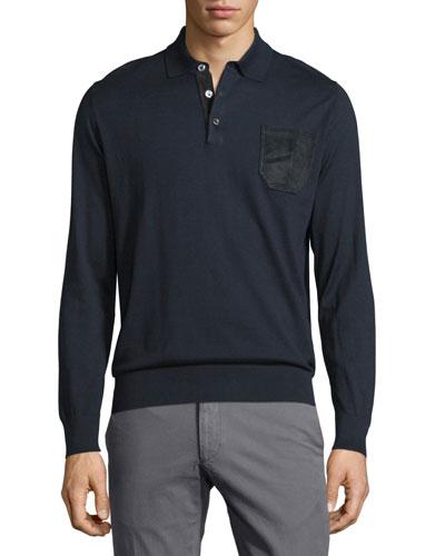 Long-sleeve Button-front Pullover, Blue