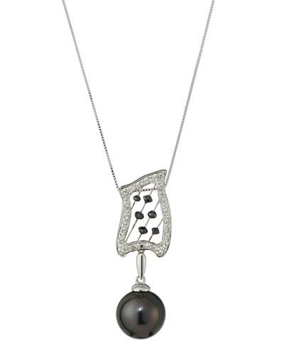 14k Asymmetric Tahitian Pearl Pendant Necklace W/ Black & White Diamonds