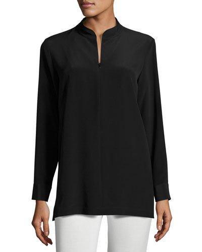 Mandarin-collar Half-zip Silk Tunic, Black