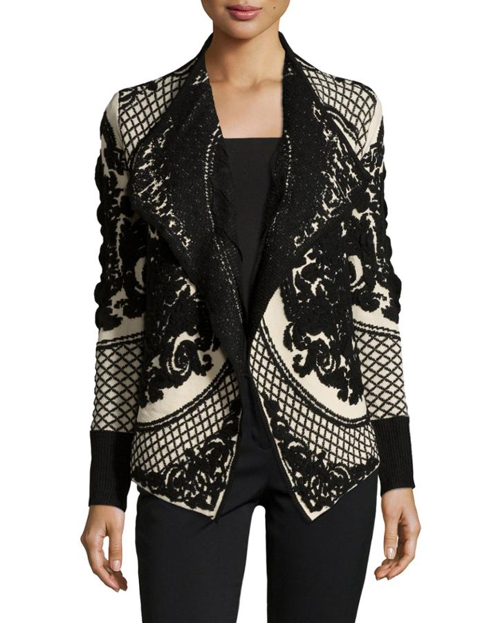 Neiman Marcus Jacquard Open-front Cardigan, Black/cream, Women's, Size: Xs/s, Black/crea