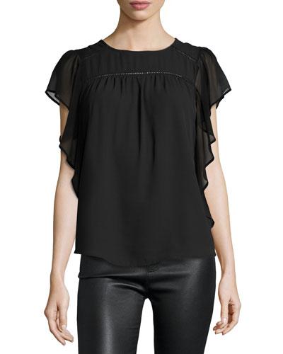 Flutter-sleeve Chiffon Blouse, Black