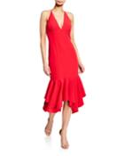 Low-back Plunging Halter-neck Crepe Midi Flounce Dress