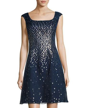 Embellished Organza Fit-and-flare Dress, Navy