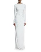 Ruched Long-sleeve Column Gown, Ecru
