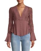 Hallie Bell-sleeve Button-front Lace-trim Blouse