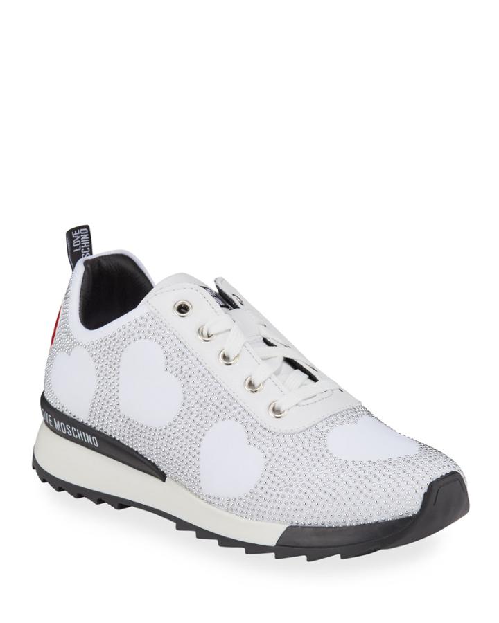 Beaded Heart Trainer Sneakers, Gray/white