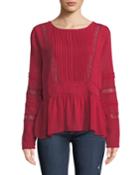 Lace-trim Pleated-front Peplum Blouse, Red