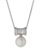 14k Freshwater Pearl & Diamond Tube Pendant Necklace