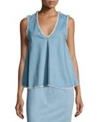 Sleeveless Raw-edge Denim Top, Blue