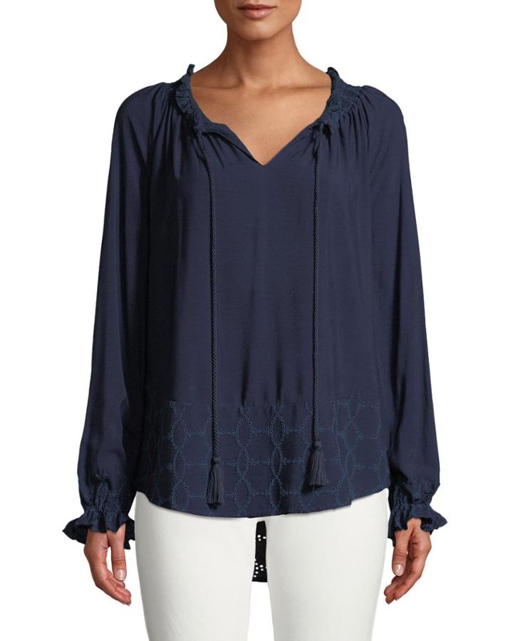 Tassel-neck Long-sleeve Eyelet Embroidered Blouse