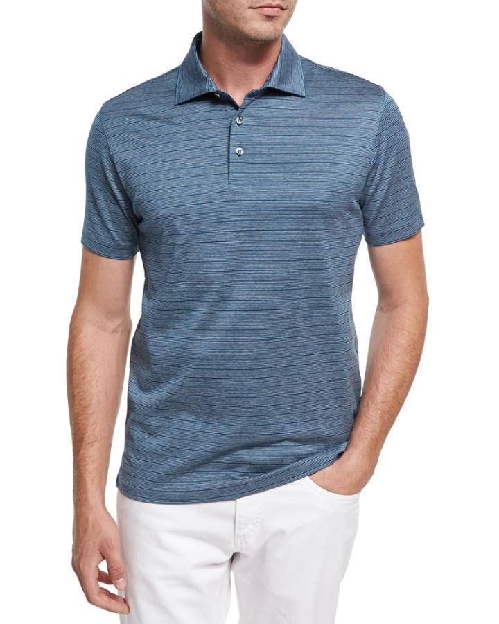 Striped Cotton Polo Shirt, Teal/white/dark Blue
