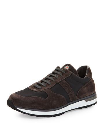 Suede & Nylon Trainer Sneaker W/shearling Tongue, Gray/brown