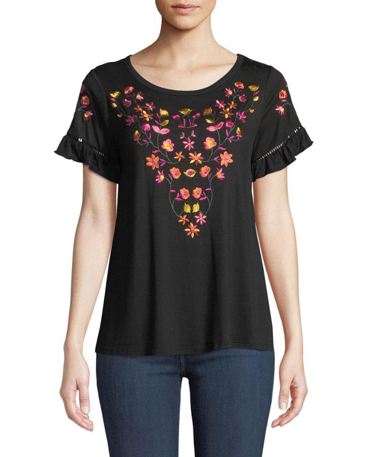 Floral-embroidered Ruffle-sleeve