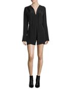 Long-sleeve Split-neck Romper, Black