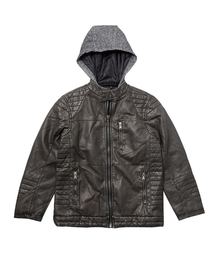Faux-leather Hooded Jacket, Gray,