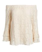 Lace Off-the-shoulder Ruffle-sleeve Top