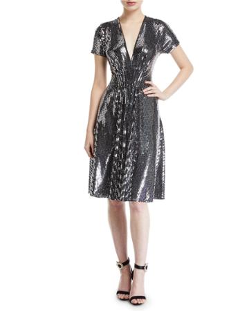 V-neck Flare Sequined Cocktail Dress