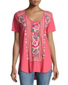 Floral-embroidery Jersey Tee, Coral
