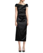 Roya High-neck Cap-sleeve Draped Midi Satin Cocktail Dress