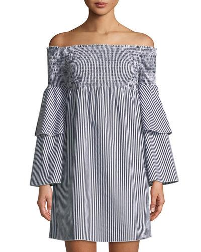 Striped Off-the-shoulder Bell-sleeve Dress