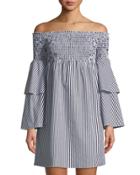 Striped Off-the-shoulder Bell-sleeve Dress