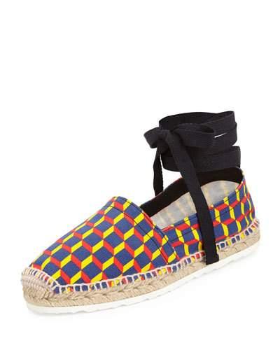 Cube-print Ankle-wrap Espadrille Flat, Primary