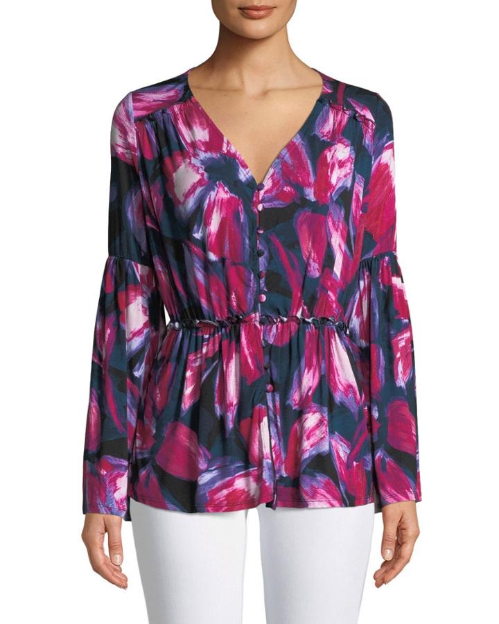Floral V-neck Button-front Blouse