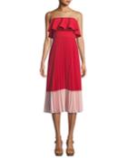 Strapless Colorblock Popover Pleated Crepe Dress