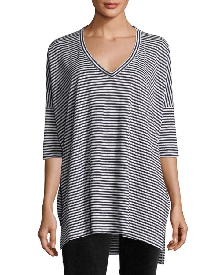 Plus Size Striped Organic Linen Jersey V-neck Tunic