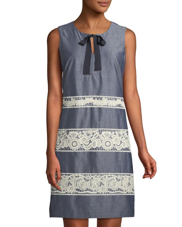 Tie-neck Lace-striped Chambray Dress