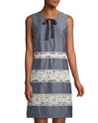 Tie-neck Lace-striped Chambray Dress