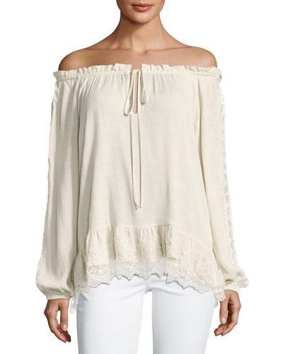 Lace-trim Off-the-shoulder Blouse, Beige