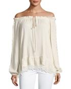 Lace-trim Off-the-shoulder Blouse, Beige